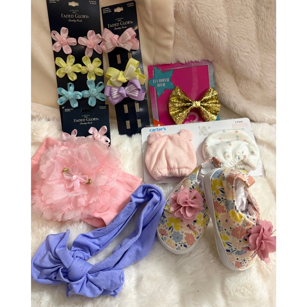 Baby Girl Accessory Lot Carter's Faded Glory Shoes Mittens Headbands Hair Clips